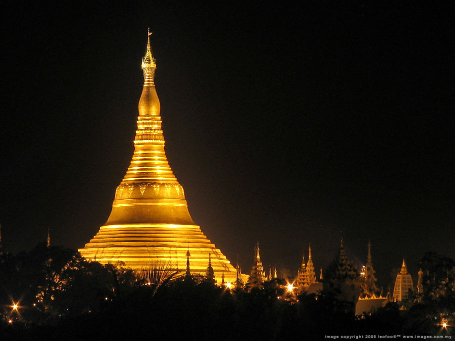A great night picture of the historical heritage site of Shwedadon Pagoda in Yangon, Burma