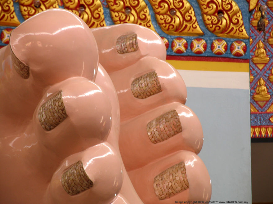 Rear  and end section of the  reclining Buddha at Wat Chaiyamangalaram Thai Buddhist Temple in Penang Island