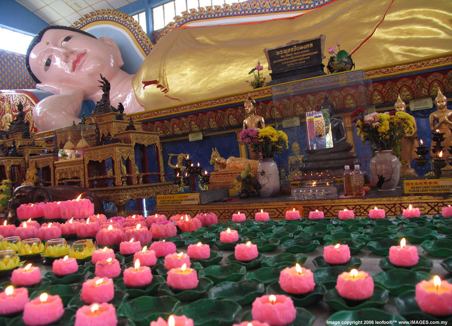 The huge reclining Buddha image at Wat Chaiyamangalaram (Wat Chai) Thai Buddhist Temple in Penang Island