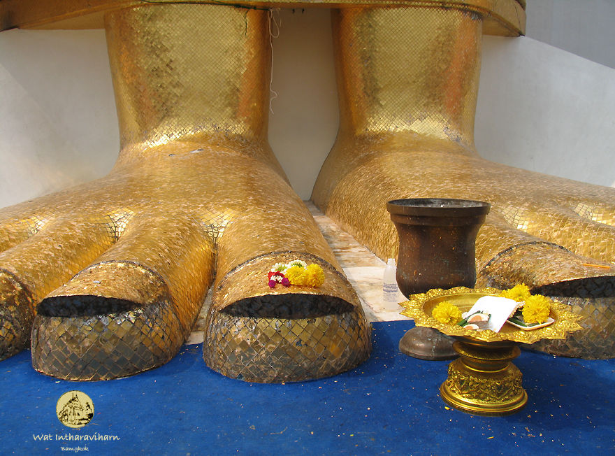 The foot section of the standing Buddha at Wat Intharawihan Buddhist Temple at Bangkok, Thailand