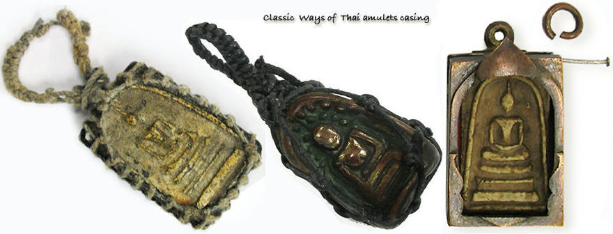 Various classical old ways of holding a Thai Buddhist amulet, robe, strings and chrome frame with pin lokced.