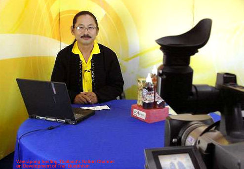 Weerapong Srichai at the recording studio of Nation Channel TV as TV host, once a day commentary  on development of Thai Buddhism in the country
