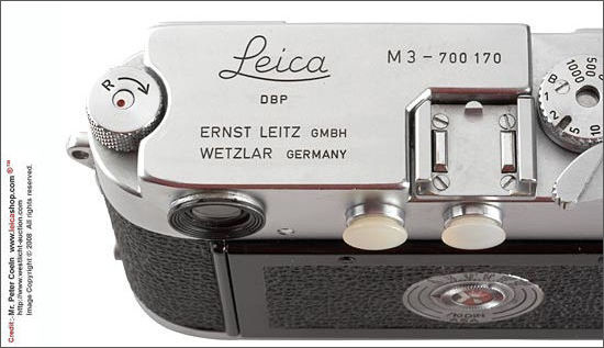 Typical design on the Top plate of earliest Leica M3 chome Double Stroke body
