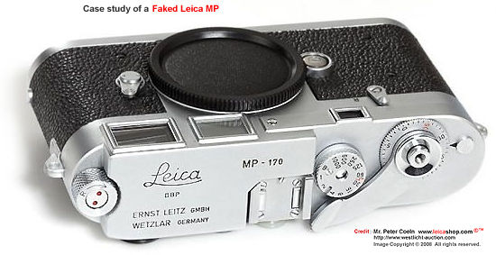 Top plate and exterior physical appearance of a Leica MP counterfeit / faked camera body