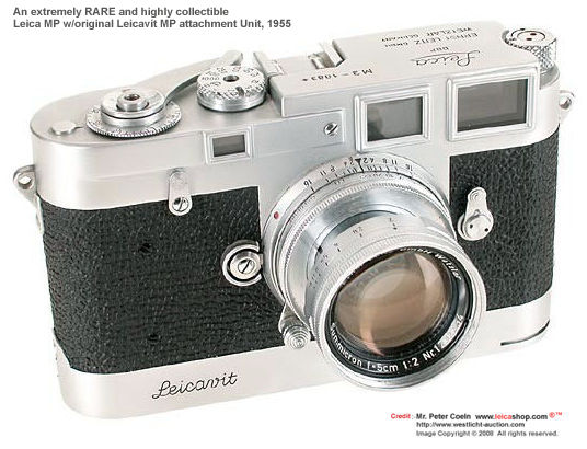 an extremely rare Leica MP Prototype camera model with Lecavit MP attchment. Photos on display by Leicashop