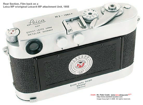 Rear film back section  Leica MP Prototype camera with Leicavit attchement unit, photos on display by Leicashop