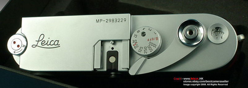 Top plate showing v=basic camera control / functions and S/N on a Leica MP A-La-Carte 0.85 Red leather 0.85x