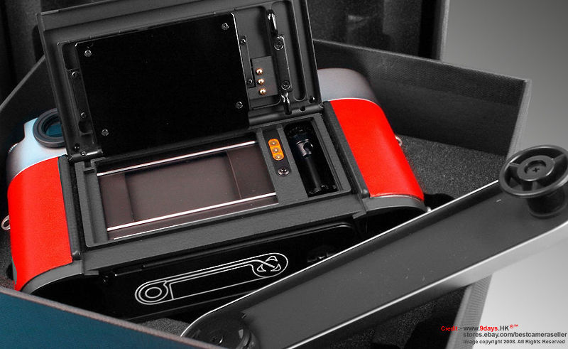 Removing the film back and shown with the film transport mechanism and features on a Leica MP A-La-Carte 0.85 Red leather 0.85x