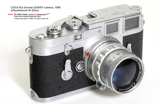 Leica M3 dummy copy for display. A Summicron 5cm f/2.0 lens (also dummy) is used.