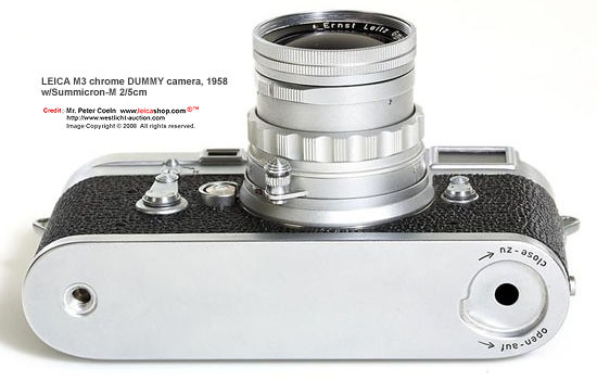 Base section view of a true to life size, Leica M3 dummy copy for display. A Summicron 5cm f/2.0 lens (also dummy) is used.