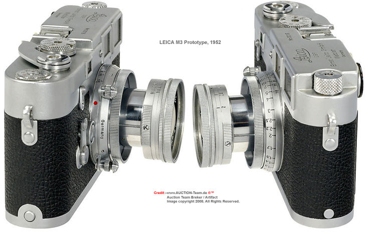 left and right view of the Leica M3 chrome, Prototype rangefinder camera, 1952 with early serial number seen in an auction conducted by www.Auction-Team-DE