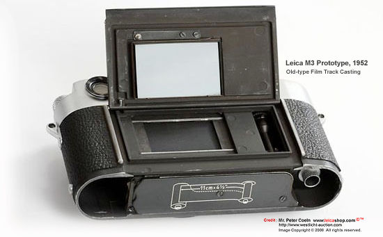 Old faship type design of the film transport design / film track on a Prototype Leica M3 camera
