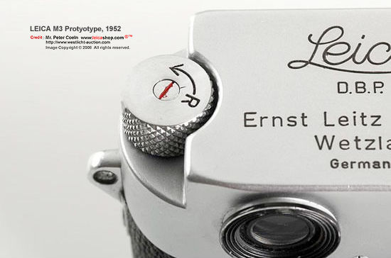 Film rewind knob on Prototype Leica M3 camera
