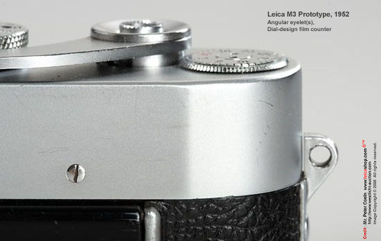 Tri-angular shapred eyelets and dial design on film frame counter on a Prototype Leica M3 camera
