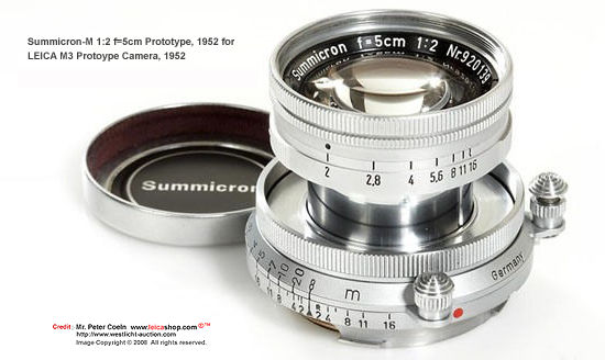 A matching prototype Simmicron-M 1:2 f=5cm collapsible with dual focusing knobs, 1952 for M3 prototype