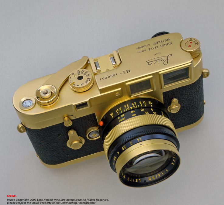 Leica M3-1000001  Gold Plated exterior camera  with matching Summilux 50/1.4 Gold Standard lens  Alfred Eisenstaedt in 1960 prepared by LARS Netopil
