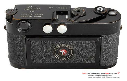 Rear section view of the film back on a rare collectible  Leica M3 Black Paint SS Model, 1962