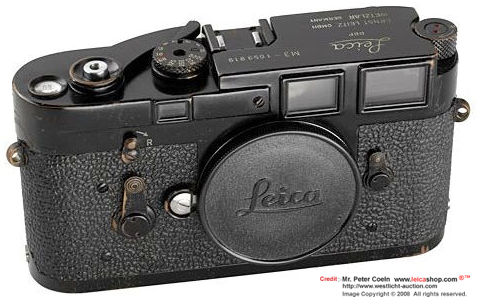 Front view of a body capped Leica M3 Black Paint SS Model, 1962