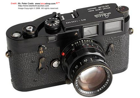 Front view of a typical good rated condition Leica M3 Black Paint SS Model w/ matching black paint Summicron-M 50mm f/2.0 lens 