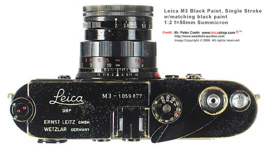 Top plate of a collectible, Leica M3 Black Paint SS Model w/ matching black paint Summicron-M 50mm f/2.0 lens 
