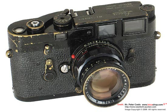 Front view of a rare, collectible Leica M3 Black Paint SS Model w/ matching black paint Summicron-M 50mm f/2.0 lens 