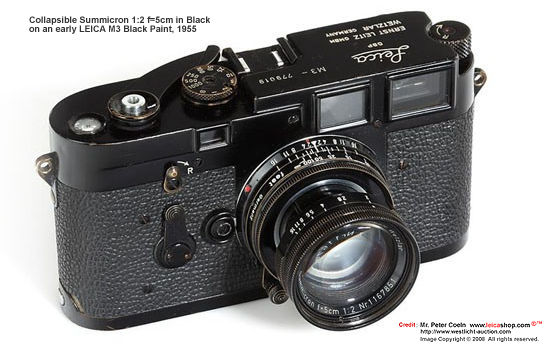 An extremely rare piece, an early LEICA M3 Black paint, with matching black paint collapsible Summicron 1:2 f=5cm, 1955