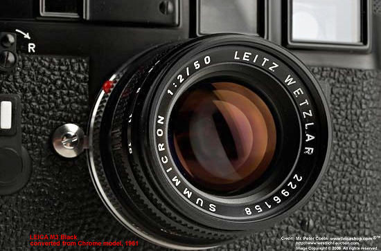 Leitz Wetzlar SUMMICRON 1:2/50mm lens on a high quality conversion work of a M3 black from chrome body, 1961
