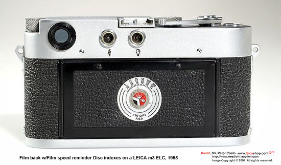 1955's Leica M3 ELC body w/Summicron 5cm 1:2 and IROOA lens hood film back view