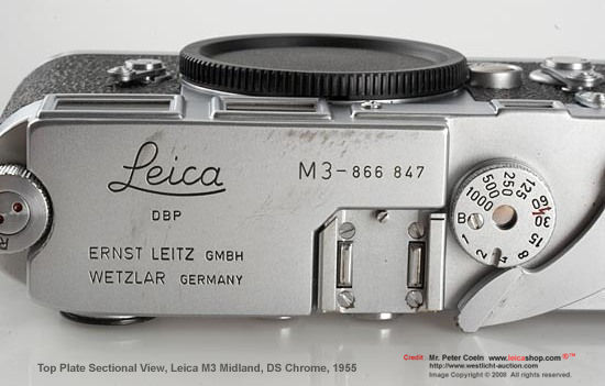 Sectional enlarged view, top plate, Leica M3 Midland DS, Chrome, 1955
