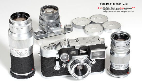 Leica M3 ELC camera model outfit with CF Summicron 1:2 f=5cm, Summaron 3.5cm 1:3.5, ELMAR, Hecktor 13.5cm , 1956 