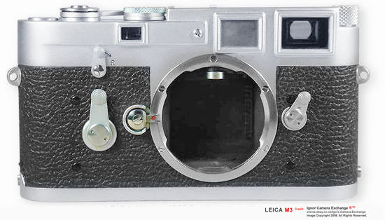 Front view of a Leica M3 chrome Single Stroke Leitz 'Midland' Canada rangefinder camera model, 1959