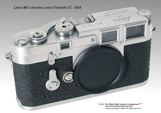 An early M3 body in original condition, used and engraved by Leica-Technik (no. 57) in Wetzlar (the same camera is shown in Lager I, page 182). Approx. Year: 1954 
