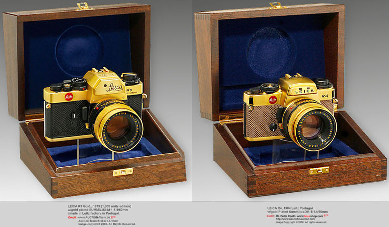 Leica R3 1979 Oskar Barnack 100th year 1879~1979 Gold edition and Leica R4 Gold with Summilux X/R 50mm f/1.4 gold plate lens