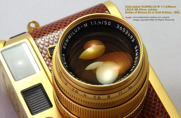 The 24 carat gold plated SUMMILUX-M 1:1.4/50mm lens for LEICA M6 Sultan of Brunei Darussalam Silver Jubilee 24 carat Gold plated rangefinder camera/lens Edition, 1992