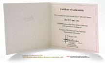 Link to enlarged view of letter of certification and aurhentification of LEICA M6 Sultan of Brunei Darussalam Silver Jubilee 24 carat Gold plated Edition, 1992