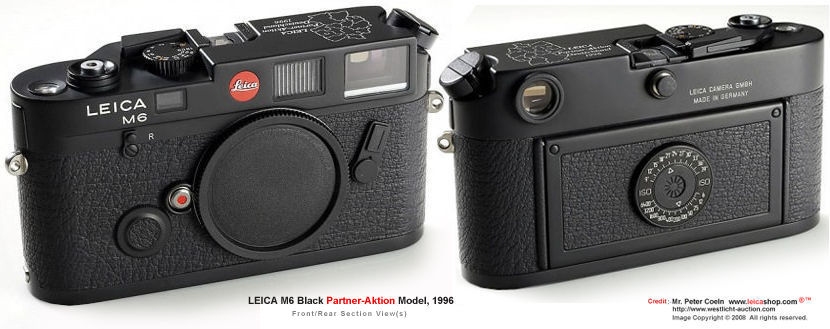 Front and rear section views of a Leica M6 Partner-Aktion rangefinder camera model, 1996