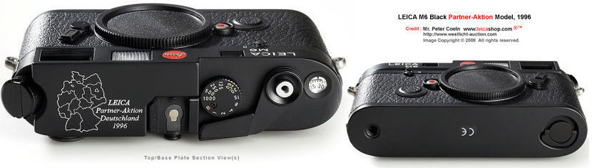 Top and bottom plate views of a Leica M6 Partner-Aktion rangefinder camera model, 1996