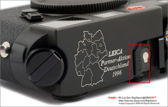 The serial numbering and special engraving on a Leica M6 Partner-Aktion rangefinder camera model, 1996
