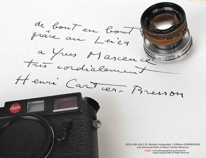 Leica M6 Classic Black with personal note enclosed by Henri Cartier-Bresson auctioned by Photographic Auction, Germany