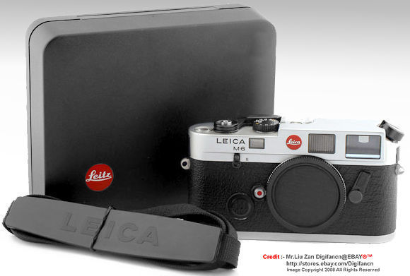 Leica M6 Panda with old-style Leitz logo black presentation box and wide should strap with LEICA name