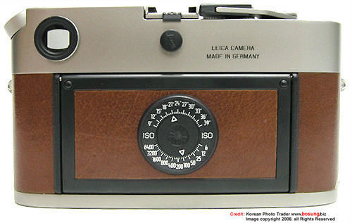 Rear section of the Leica M6 TTL 0.72x Titanium finish camera body showing true Buffalo leather with texture