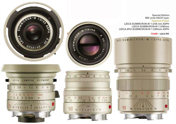 Picture of LEICA SUMMICRON-M 1:2/35 mm ASPH, LEICA SUMMICRON-M 1:2/50mm; LEICA APO-SUMMICRON-M 1:2/90mm ASPH lenses in Titanium finishing