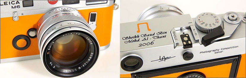 Front view and top plate close up view of features and engravings on a Leica M6 TTL Al-Thani Photography Competition Award Edition
