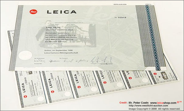Stock /share certificate of LEICA AG and Authentification card for LEICA M6 Ein Stuck