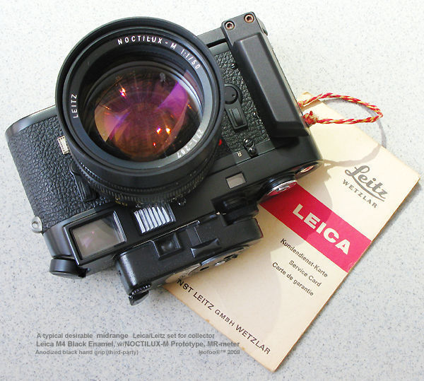 A typical Leica modern rangefinder camera for collecter market, LEICA M4 black enamel with M-Noctilux 1.1/50, MR reader and anodized hand grip,  black as Index page photo