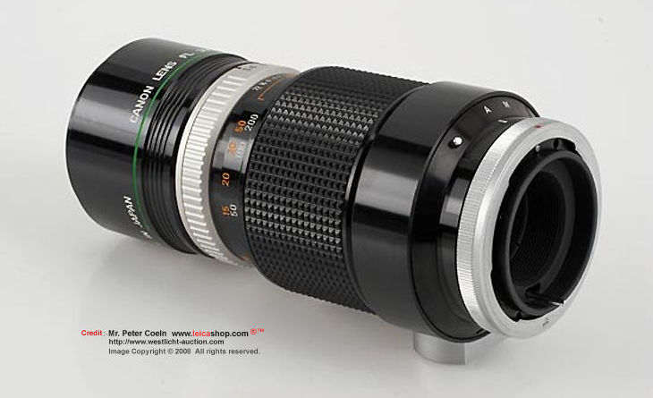 Canon FL-mount 300mm f/5.6 FLUORITE Super telephoto lens front / side body view