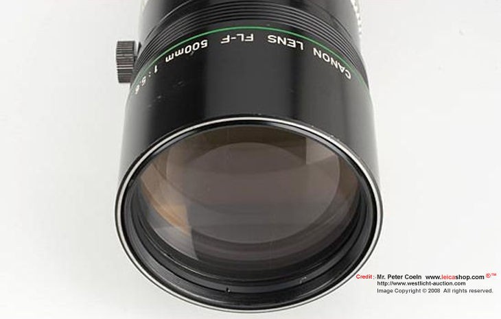 Canon FL-mount 500mm f/5.6 FLUORITE Super Telephoto lens front lens element and lens data