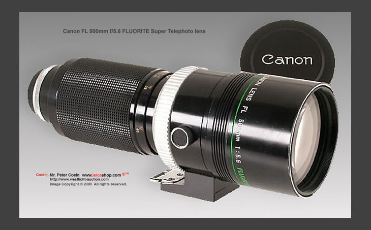 Canon FL-mount 500mm f/5.6 FLUORITE Super Telephoto lens side view with lens cap
