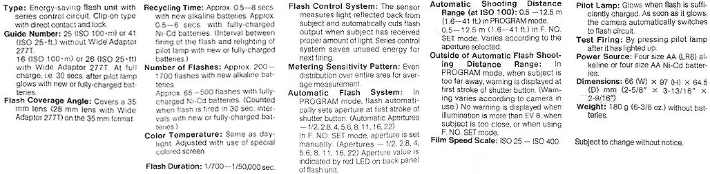 Specification Canon 277T modified from Canon FD.com