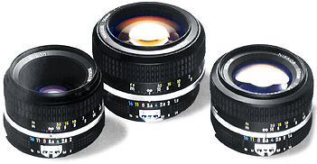 Three Nikkor lenses shown in a Nikkor lens catalogue in 1978